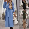 Dameswol Winter Warm Fashion Lange lagen Cardigan Women Casual Elegnat Solid Turn-Collar Bandage Pocket Overcoats Ladies Vintage Coat