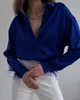 女性用ブラウスファッションカジュアルフェザーパッチワークルーズシャツ夏の秋のボタンダウン長袖レディースブラウスパーティーオフィスレディ
