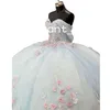 Robes De Quinceanera bleu ciel fleurs roses 3D Appliques florales épaule à lacets Corset bal Vestidos De XV Anos