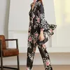 Home Abbigliamento Sexy Black Women 3PCS Pigiama Suit Intimo Lingerie Casual Print Flower Sleep Set Spring Sleepwear