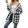 Femmes Vestes Dames Automne Mi-long Tricots Vêtements Femmes Contraste Couleur Motif Pied De Poule Col En V À Manches Longues Manteau Tricoté Cardigan