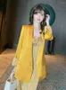 Kombinezon damski Spring Women Marynta 2023 OL Casual Professional Style Korean Yellow Loose Pocket Houndstooth Blazer Femme Office