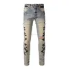 Men's Jeans Designer Clothing Amires Denim Pants Amies Street Camouflage Bone with Leather Knife Cut Holes Washed Into Old Me0GZY