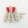 فتاة الفتاة الصيفية العطلة الكشكشة لطيف القوس الزهور طباعة Sundress Baby Girls Beach Beach Pressy Sunhat Kids Clothes Vestidos