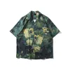 QNPQYX New Men Short Sleeved Printed Shirts Green Department Retro Antique Literary Handsome Eisure Port Style Men's Loose Hawaiian Shirt