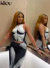 Women s Two Piece Pants Kliou 3D Body Print Set Women Hipster Stunning Sleeveless O neck Vest High Waist Skinny Female Matched Outfits 230522