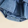 Rompers baby meisje kleding zomer denim romper mouwloze suspener geplooide ontwerp ruche zoom bodem snapknop schattige jumpsuit 230522