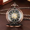 Pocket Watches Copper Red Hollow Mechanical Watch Classic Roman siffror Round Dial Vintage Stylish Hand Winding Antique Clock Gift