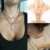 Chains Women Pearl Choker Necklace Double Layer Cross Portrait Coin Pendant Boho Multilayer Bijoux Jewelry Gifts