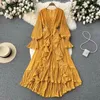 Casual Dresses Chiffon Maxi Beachwear Women Long Sleeve V Neck Ruffles Pleated Dress Summer Fashion Holiday Outfits For Female Clothing