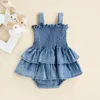 Rompers baby meisje kleding zomer denim romper mouwloze suspener geplooide ontwerp ruche zoom bodem snapknop schattige jumpsuit 230522