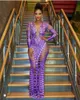 Casual Dresses Purple O Neck Ankellängd Kvinnor långärmad hög sträcka sexig ihålig ut 2023 bodycon maxi klänning firar födelsedagsdräkt