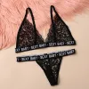 Mulheres lingerie personaliza letras OEM Brand Ladies Bralette Panties Black Mesh Lace Sexy Women Women Private Sets Standard S-L