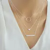 Collane con ciondolo a tre strati con barra a disco in argento color oro con girocollo a cerchio catena placcata in metallo per collana da donna.