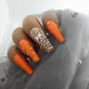 Faux Ongles 24pcs2023 Bijoux De Luxe Super Long Ballet Cercueil Faux Ongles Papillon Cristal Foret Orange Flash