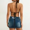 Women's Tanks Y2K Spaghetti Strap Solid Crop Tops V Neck Dots Mesh See-Through Top Sexy Lace Up Backless Female Camisoles Streetwear 2023