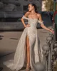 Berta Off Shoulder Sheath Wedding Jurken voor bruid glitter pailletten trouwjurk met afneembare rok dij spleet gewaad de mariee bruidsjurken