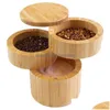 Andere keukengereedschap Bamboo Triple Salt Case Round Box voor peper Spice Cellars Storage Container met draaimolenmagnetische deksels vallen deli dhcwk