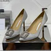 Sandals 2023Women High Heels Sexy Wedding Shoes Silk Square Button Drill Genuine Leather Luxery Shoes Pointed Toe Pumps 9.5CM 34-41 J230522