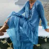 Casual Kleider Frauen Bohemian Maxi Kleid Mode V-ausschnitt Durchsichtige Rüschen Party 2023 Sommer Frühling Lange Ärmel Solide Chiffon