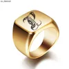 Band Rings New Mens Rings With Letter Stamp Fashion Gold 18mm Male Stainless Steel Initial Jewelry Wide Ring for Man Party Accessories J230522