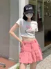 Skirts High Waist Mini Female Casual Pocket Denim Pleated Skirt Women Strrtwear Summer Pink Cargo Jeans 2023