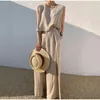 Dames Sweed Pant Cotton Linen Suits Summer Mouwess O Nek Tank Brede been Sets vrouwelijke mode casual Solid Loose 2305222222