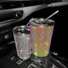 Organizzatore per auto Bling Diamond Slim Glitter Bottiglia d'acqua Tazza da caffè in acciaio inossidabile 500ml Strass di paglia per l'ornamento dell'ufficio domestico delle donne