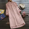 Casual Dresses Sweet Loose Design Dress Women White Pink Color Stand Collar Långärmad Kvinna Vestido Cotton Mori Girl K013