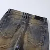 Designer Clothing Amires Jeans Denim Pants Amies High Street Fashion Brand Broken Hole Motorcycle Spliced Jeans Mens Slim Fit Small Feet Pants Yellow Mud Dirty Used B