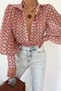 Herrtröjor Spring Fashion Women Shirt Lantern långa ärmar Casual Solid Color Printed Slim Button V Neck Blus pendla high street