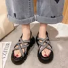 Sandals Cross Rhinestone Sandals Womens Summer New Sponge Cake Platform Slippers Wear Flip Flops Casual Beach Shoes Ladies 230417