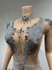Sukienki swobodne najwyższej jakości kobiety siatka patrz przez długi rękaw Turtleeck kryształowe kwiaty sukienka nocna klub wieczorny tancerz stroi