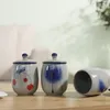 カップソーサー180mlヴィンテージスタイルの青と白の磁器ティーカップとふたセット水塗装茶屋付き