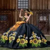 Черные вышитые кружевные платья Quinceanera 2023 от плеча мексиканские кружевные выпускные платья для Sweet 15 16