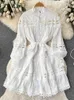 Casual Dresses Spring Summer White Mini Dress Women's Stand Long Lantern Sleeve Gorgeous Flower Emborery Hollow Out Lace Up Loose Vestidos