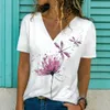Футболка бренд летняя мода с коротким рукавом женски V-образного выхода негабаритная для белых женщин футболка 3D Dragonfly Print Top Casual одежда