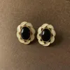 Stud Earrings Vintage Western Antique Style Versatile Black And White Enamel Geometry 925 Silver Needle