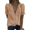 Women's T Shirts Summer Women Blouses Chiffon Elegant V Neck Short Sleeve Blouse Woman Shirt Tops Sexy Hollow Out Lace Ladies