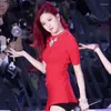 Kadınların Takipleri Kpop Kore Rose Caz Dans Kostümleri Kızlar Grubu Kırmızı Elbise Gece Kulübü DJ Sahne Performans Giysileri Festivali Giyim Rave
