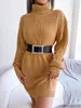 Casual Kleider Frauen Rollkragen Laterne Hülse Zopfmuster Mini Sweate Kleid Pullover Lose Gestrickte Sexy Streetwear Y2K Kleidung