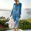 Casual Kleider Frauen Bohemian Maxi Kleid Mode V-ausschnitt Durchsichtige Rüschen Party 2023 Sommer Frühling Lange Ärmel Solide Chiffon