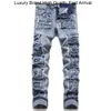 Męskie dżinsy męskie odzież zimowa Slim Fit Stretch Patchwork Streftwork Style Luksusowy dziura Klub nocny Wykonawca Trendy Street Denim Spodni