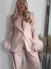 Abiti da donna Blazer Pantaloni primaverili Set 2023 New Office Jacket Set Fashion Feather Straight Jacket + Pantaloni Two Piece Street Elegant Party Abbigliamento da donna P230522