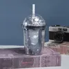 Creative Tumbler Mugs Space Cup Dubbelskikt plaststjärnskoppar med ljus Led Starlight Girls Söta dricksjuice koppar med sugrör