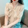 Women's Blouses Summer Sequins Floral Blouse Short-Sleeved Chiffon Shirt Women's Clothing 2023 Embroidered Top All-Matching Blusas Mujer