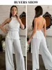 Kvinnor S Two Piece Pants ClaceVe Sexy Backless Tank Top Set Woman 2 Summer White Pleated Trouser Suits Female Elegant High midjebrett 230522