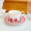 Kopjes schotels roze tulpenpatroon keramiek koffiekopje set hoge temperatuur hitte weerstandaard theekop huisplaat ontbijt melk mok vintage cupware