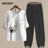 Kvinnor S Two Piece Pants Summer Set S Outfits O Neck Flower Print Loose Short Sleeve Shirt High midje kostym 2023 230522