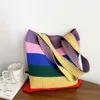 Hbt ​​-shoppingväskor stolta nya regnbågspåse kvinnors sommarkoreanska randkontrast handväska student stickad axel 230522